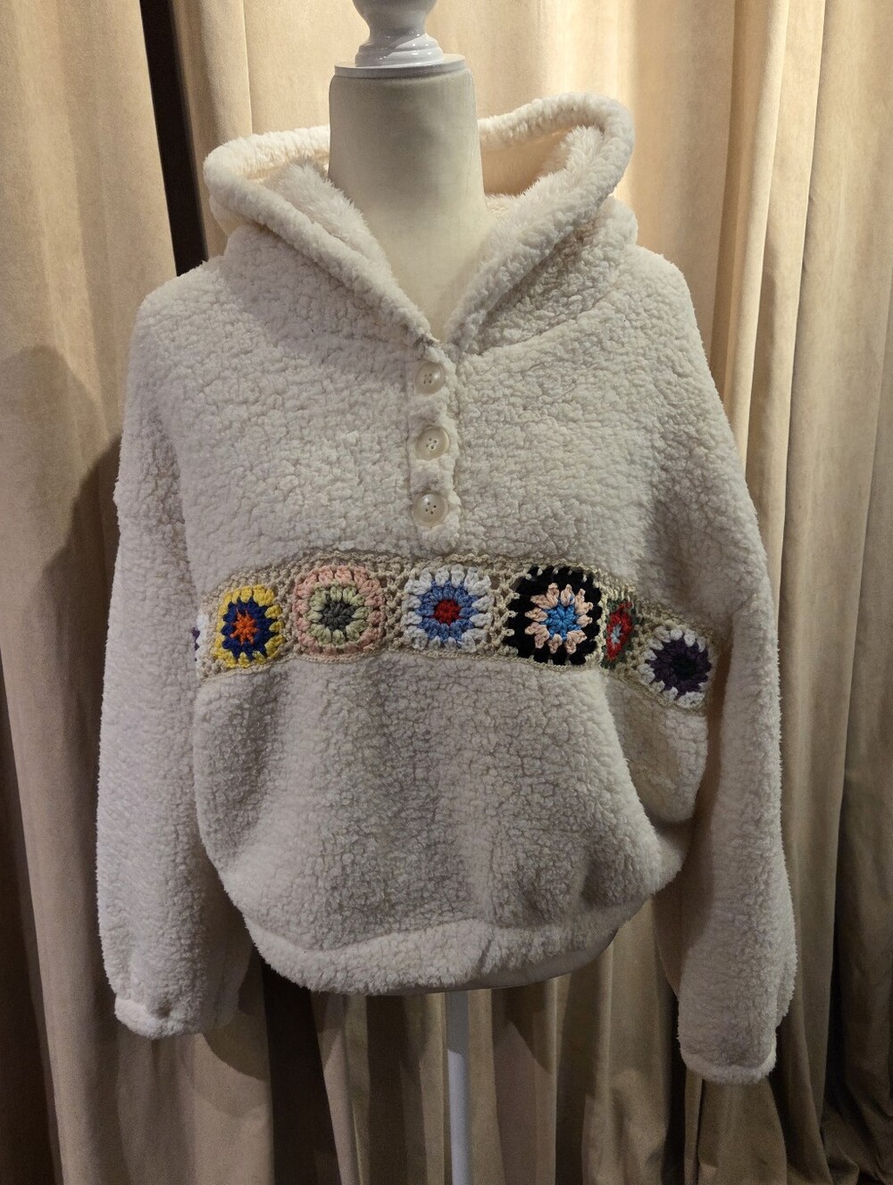 Cider Cream Sherpa Hoodie with Button Accent